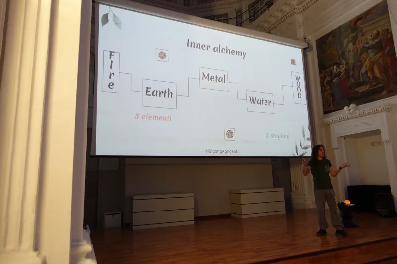 Oscar Gallo durante un workshop in sala: sullo schermo lo schema dei cinque elementi.